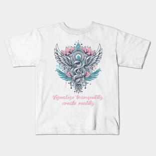 Visualise tranquility, create reality. Law of attraction quote, boho yoga Kids T-Shirt